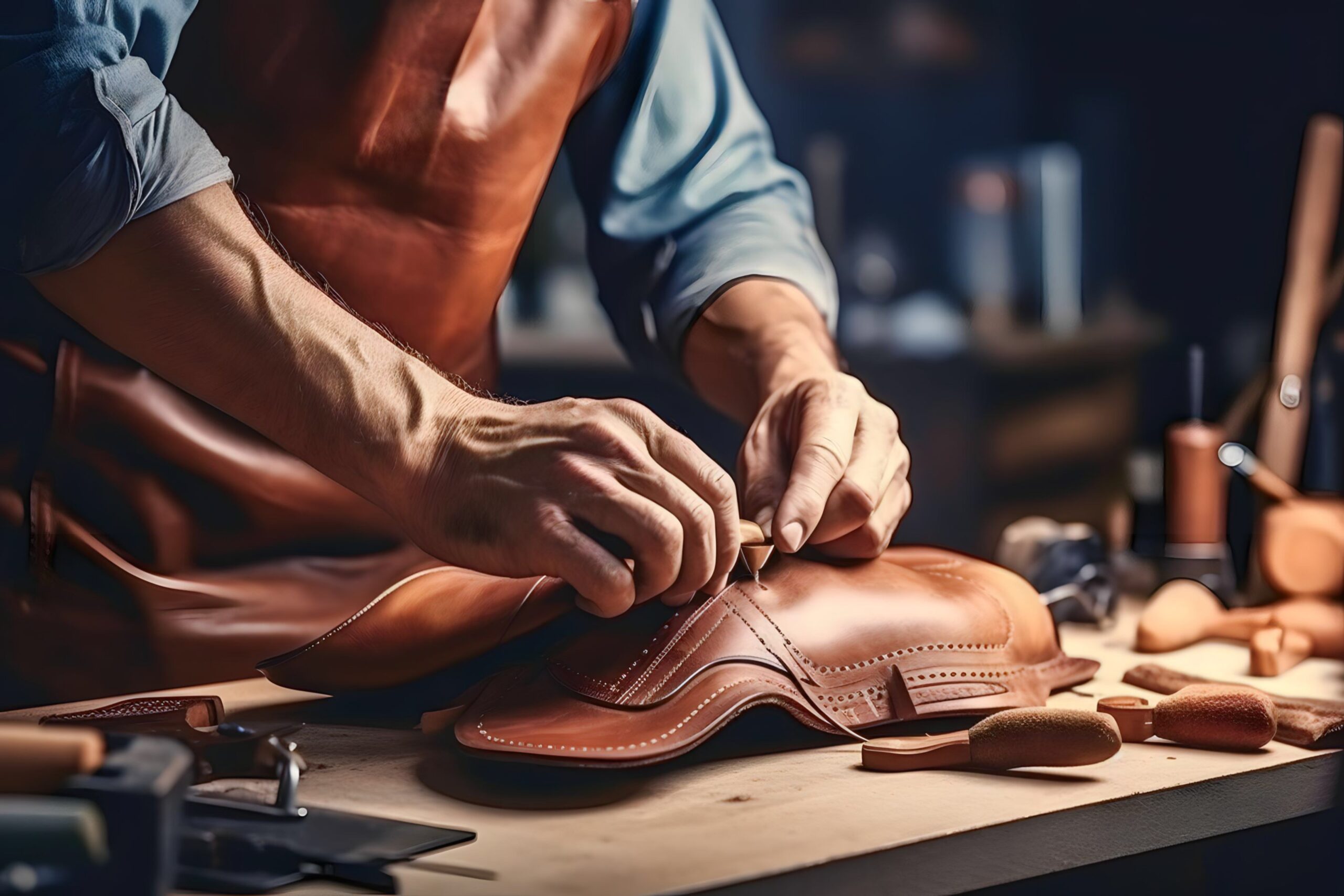 a male shoemaker is working with leather textiles